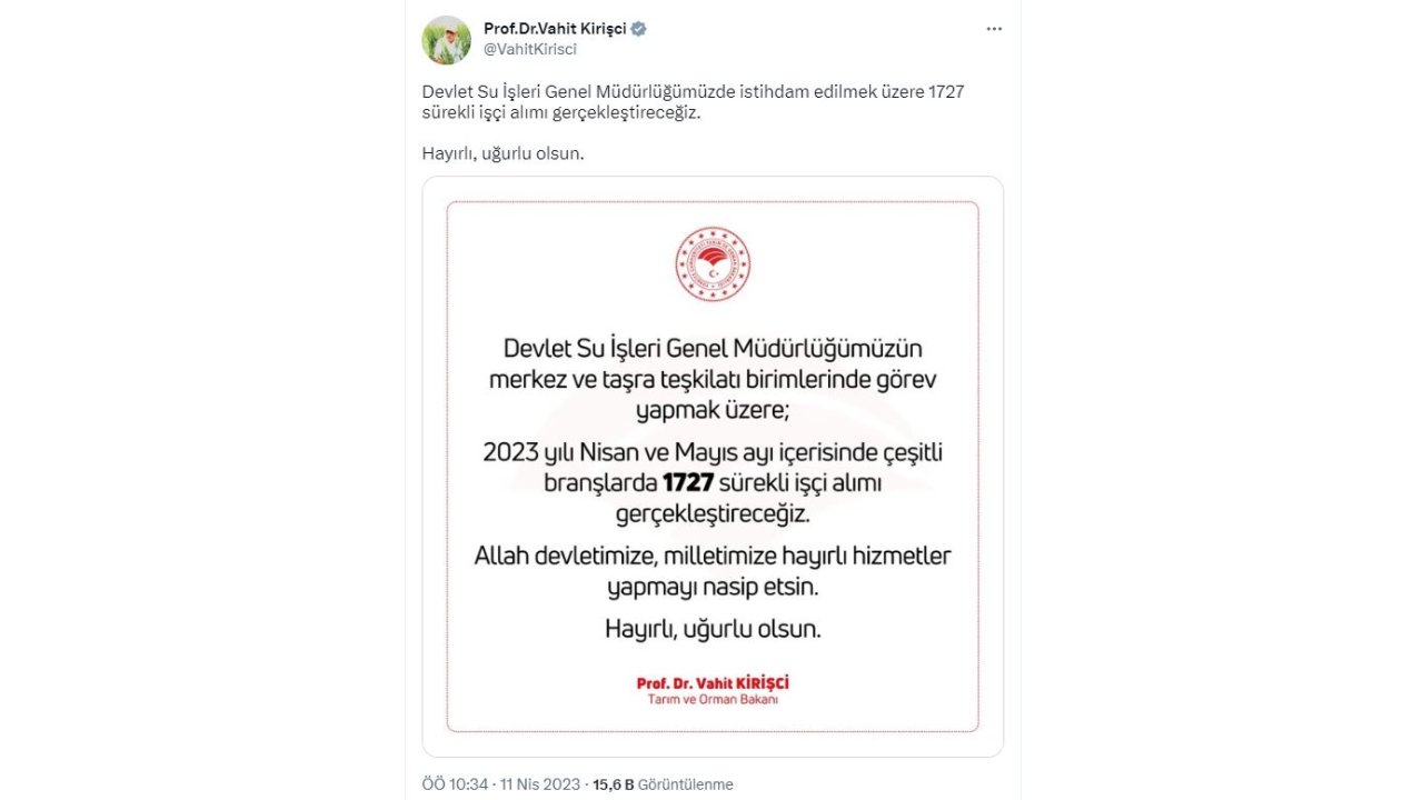 Bakan Kirişci: Dsi'ye 1727 İşçi Alımı Gerçekleştireceğiz