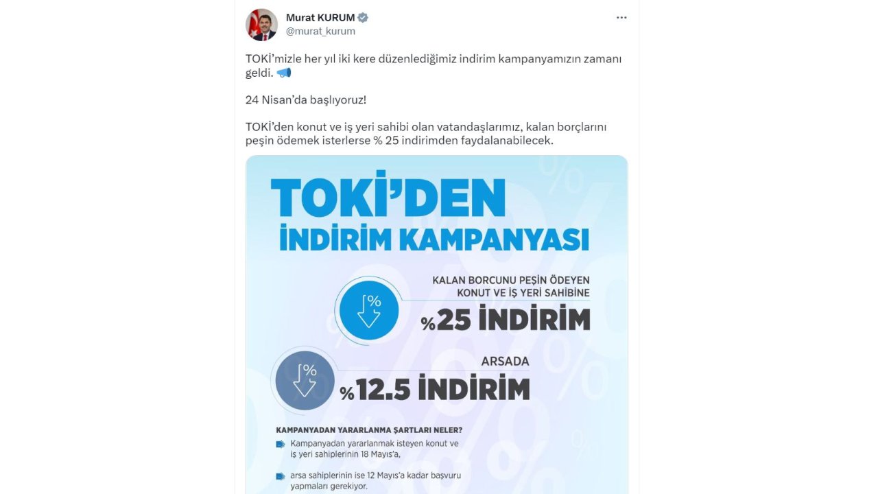 Toki'de Peşin Ödemeye Yüzde 25 İndirim