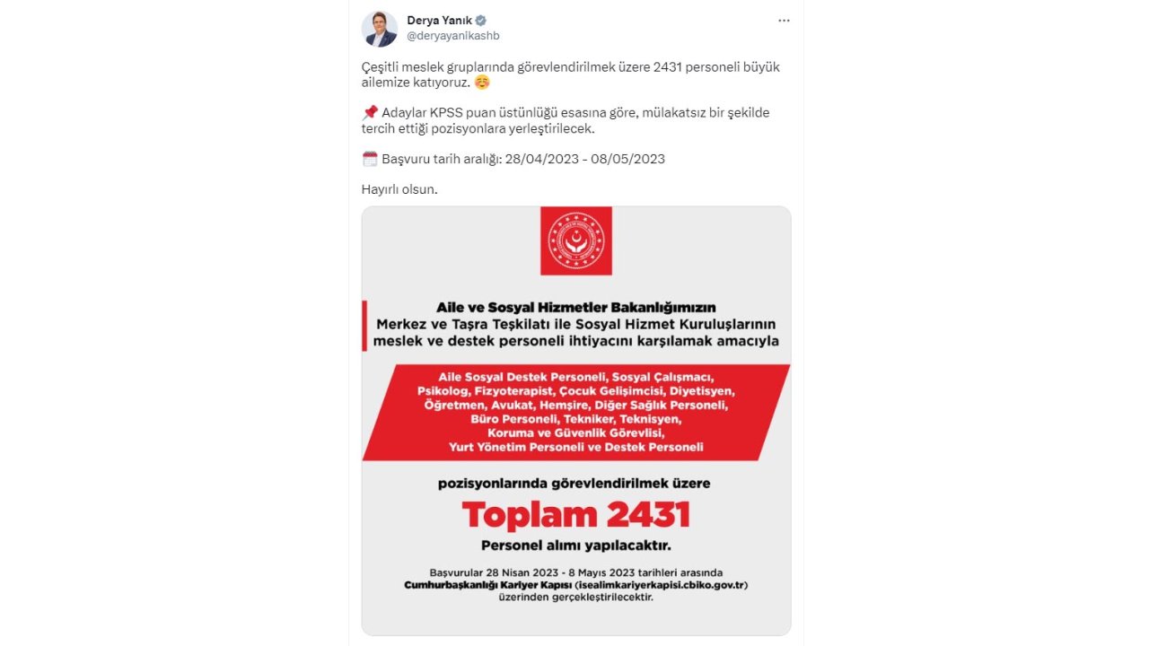 Aile Ve Sosyal Hizmetler Bakanlığı'na 2431 Personel Alınacak