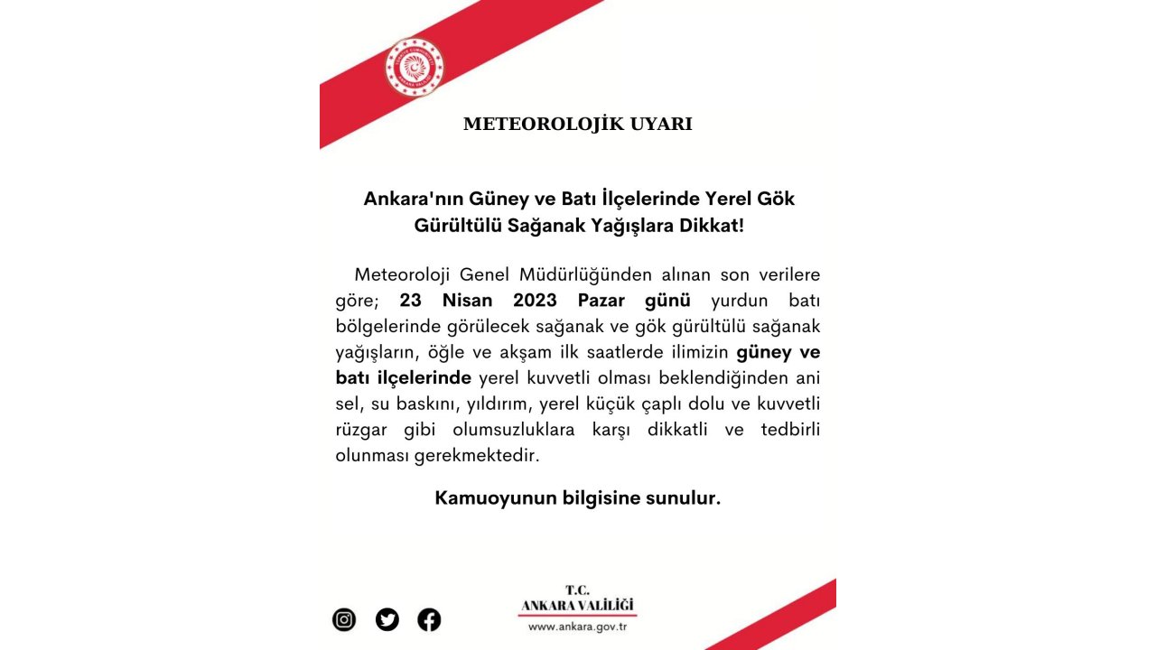 Ankara Valiliği'nden 'sağanak' Uyarısı