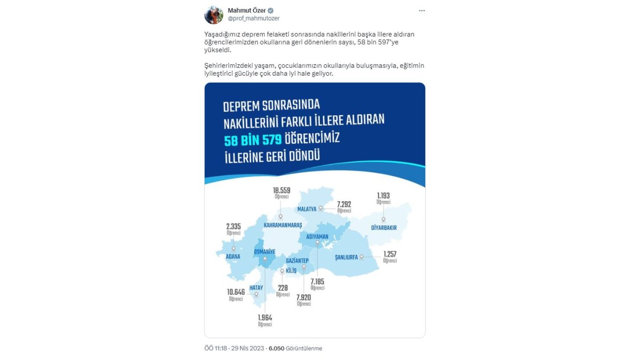 Bakan Özer: Deprem Bölgesinden 58 Bin 597 Öğrenci Okullarına Geri Döndü