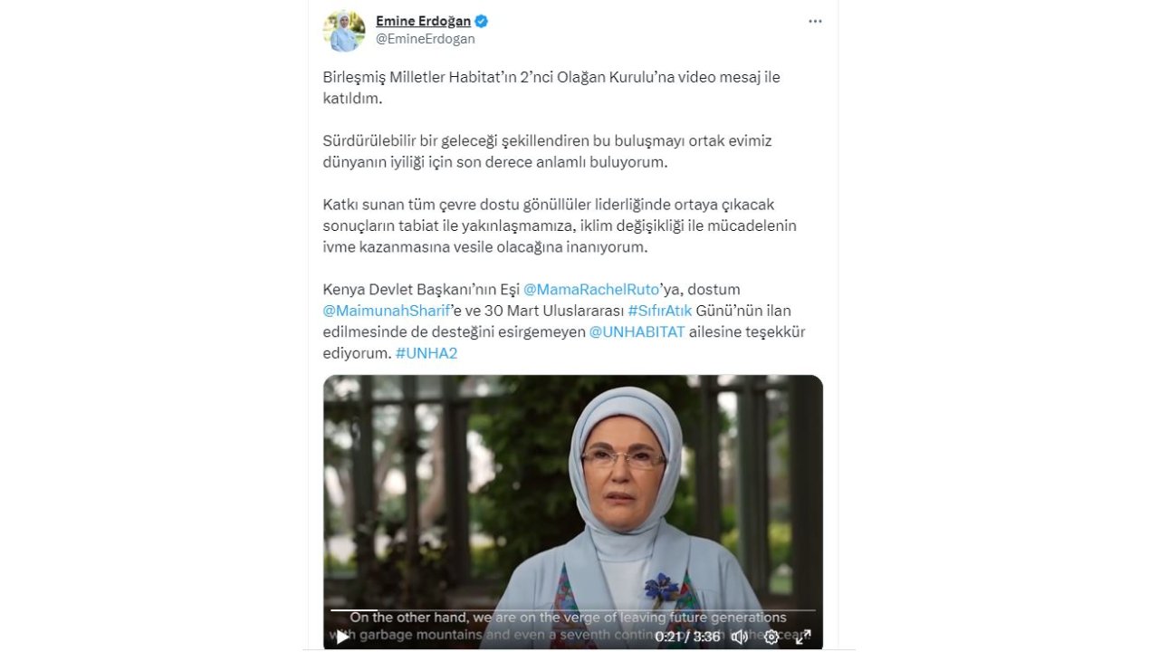 Emine Erdoğan'dan BM Habitat'ın 2’nci Olağan Kurulu'na mesaj