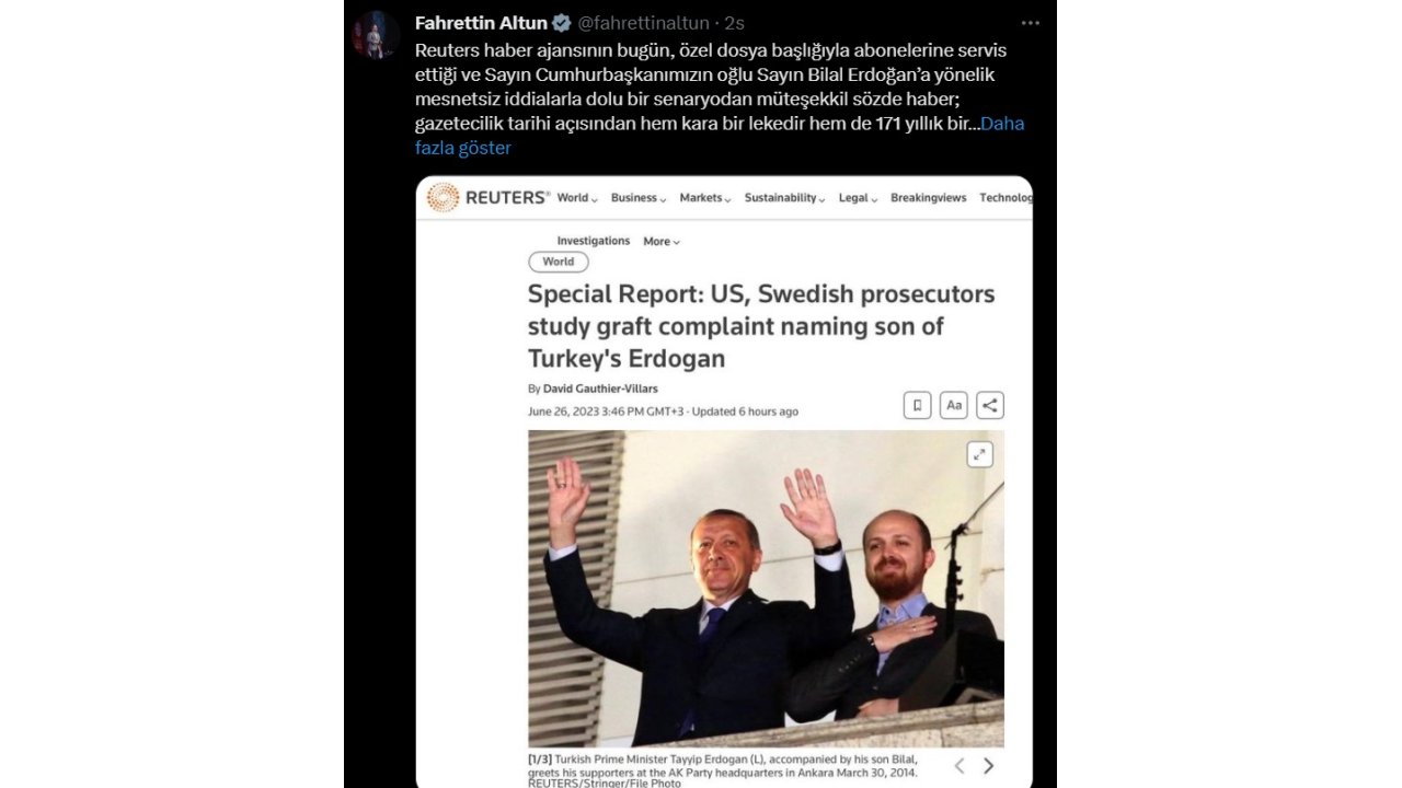 İletişim Başkanı Altun'dan Reuters'ın 'Bilal Erdoğan' haberine tepki