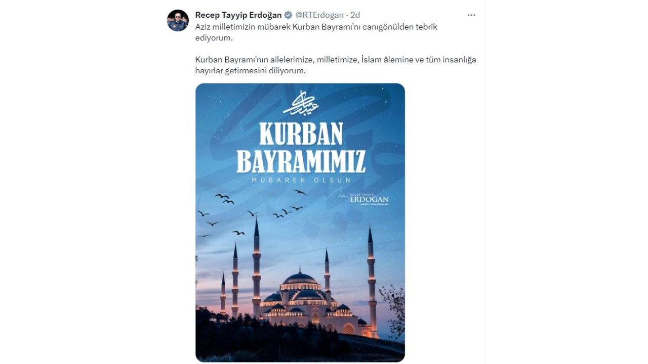 Cumhurbaşkanı Erdoğan: Aziz milletimizin Kurban Bayramı'nı tebrik ediyorum