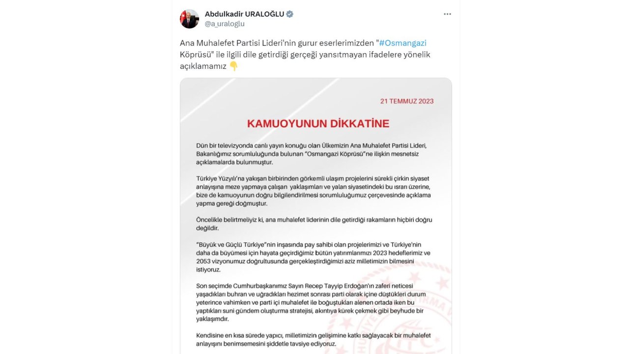 Bakan Uraloğlu: Kılıçdaroğlu'nun dile getirdiği rakamların hiçbiri doğru değil